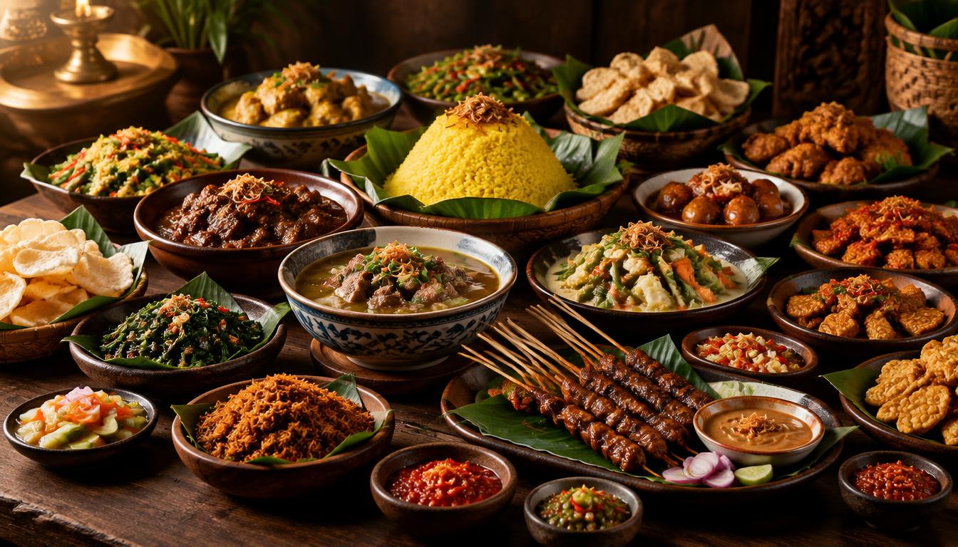 Indonesian rijsttafel banquet with many dishes on a wooden table